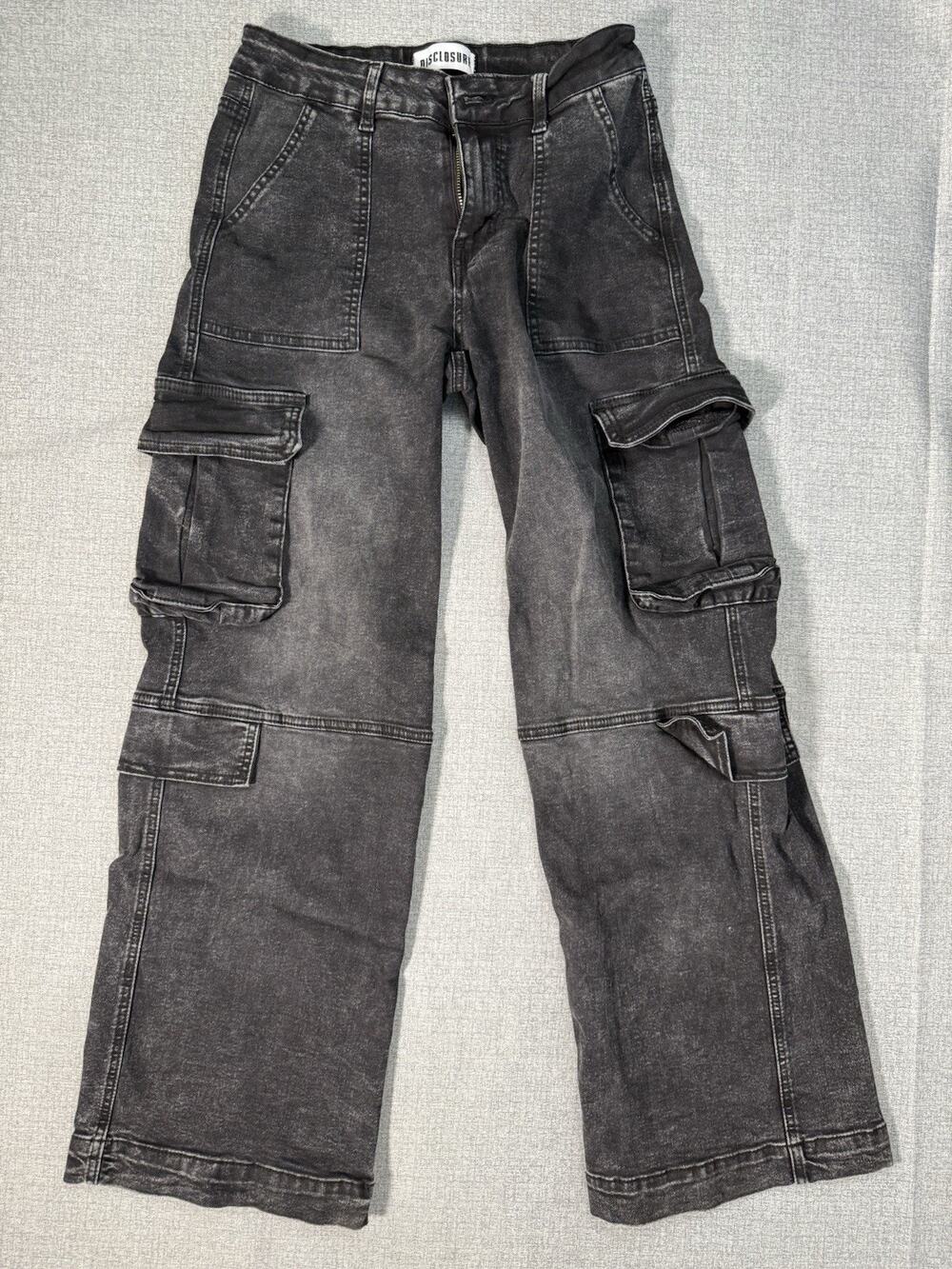 Disclosure Cargo Jeans Womens 9/29 Washed Black Wide Leg Y2K Grunge Multi Pocket